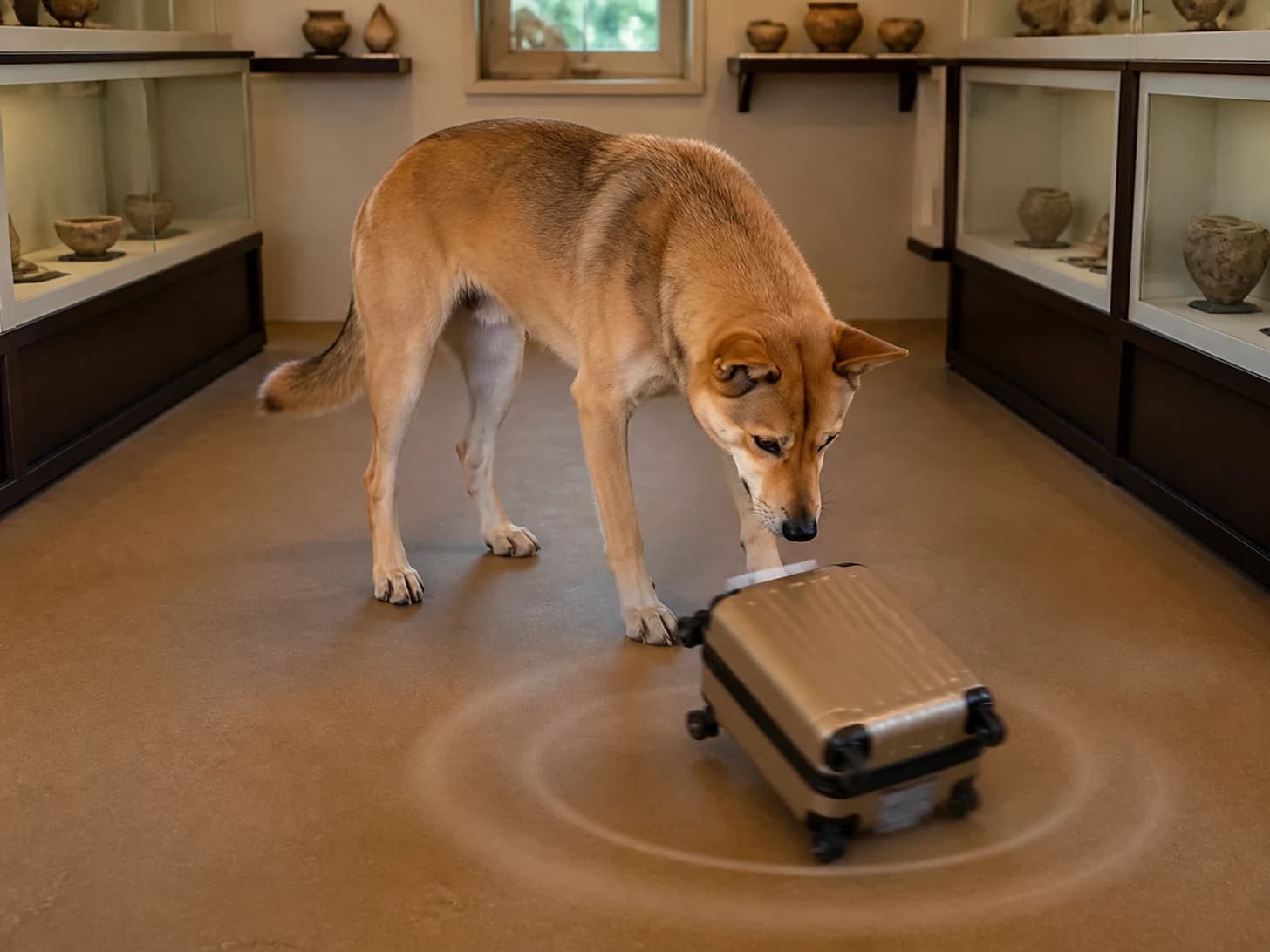 Halibut was promoted to meticulous museum curator; unfortunately, one toy suitcase circles endlessly.