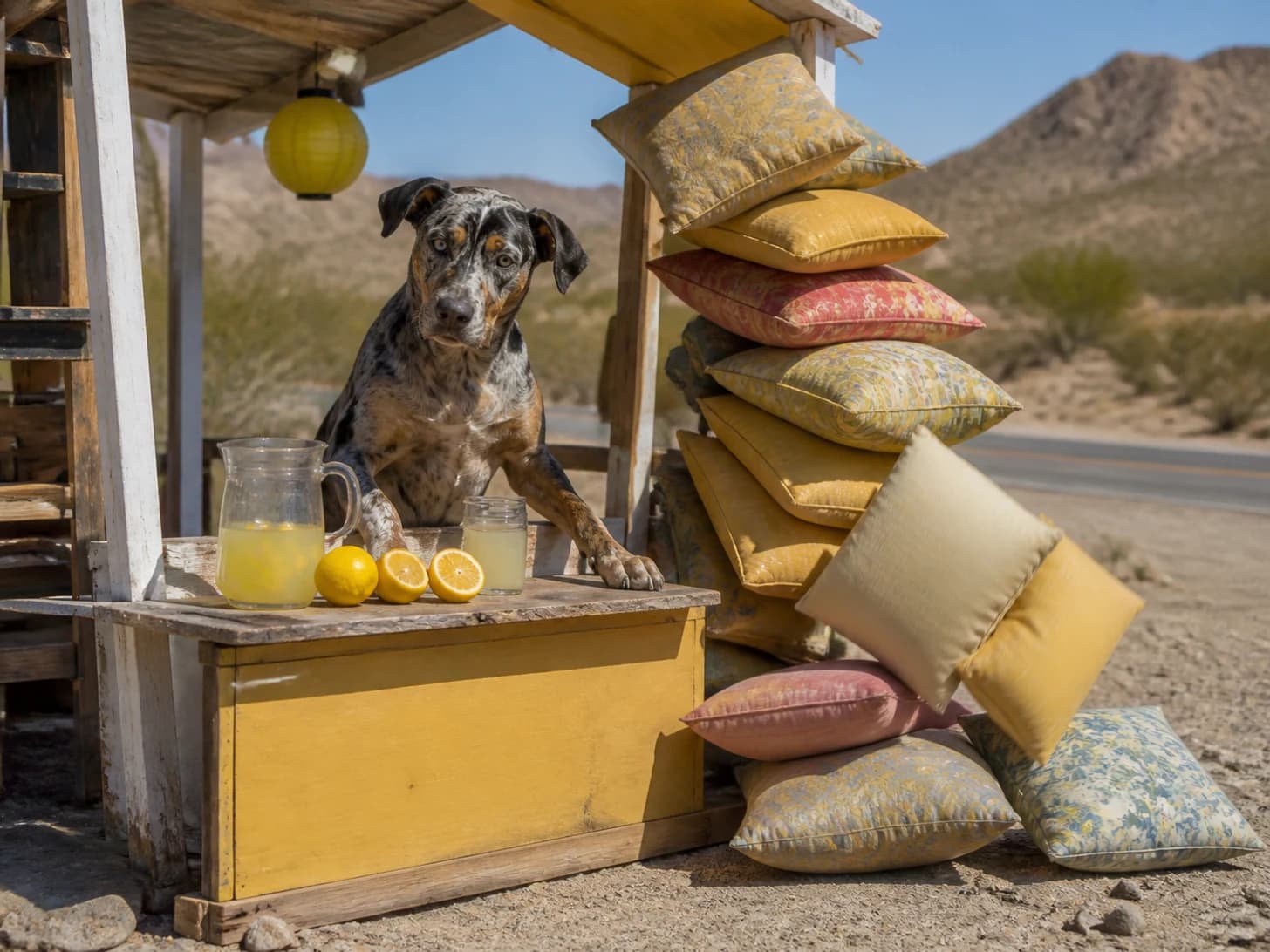Mistral was promoted to ambitious roadside lemonade vendor; unfortunately, a pile of cushions slowly topples.
