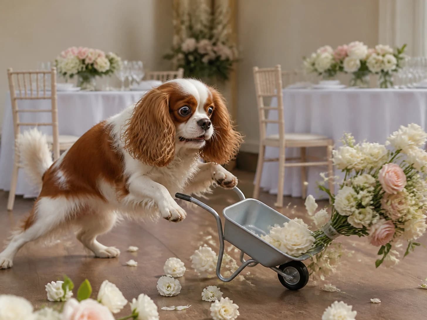 Sesame was promoted to wedding planner facing a runaway bouquet; unfortunately, a toy wheelbarrow tips at the worst moment.