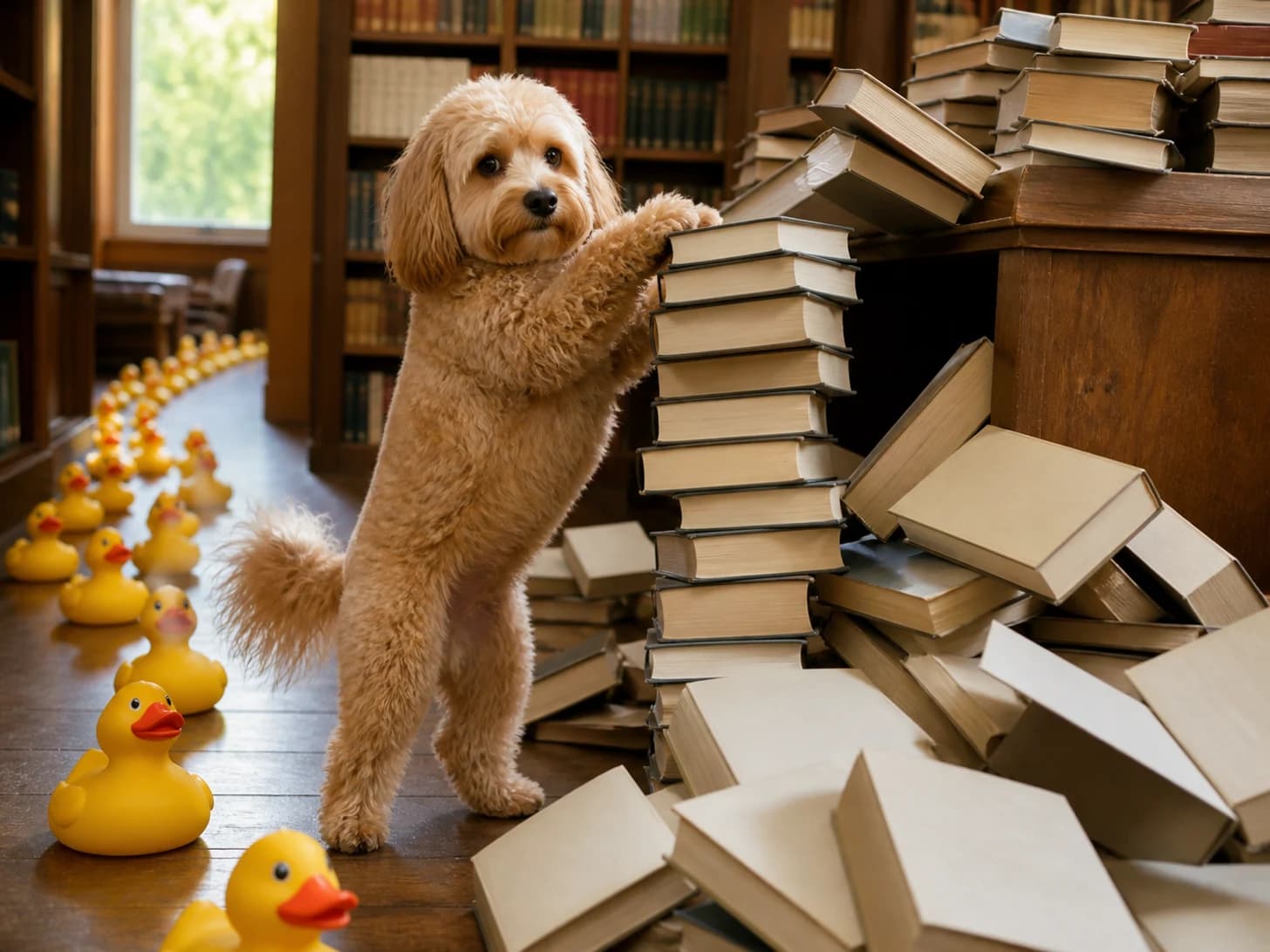 Willow was promoted to librarian managing an avalanche of blank books; unfortunately, a parade of rubber ducks heads the wrong way.