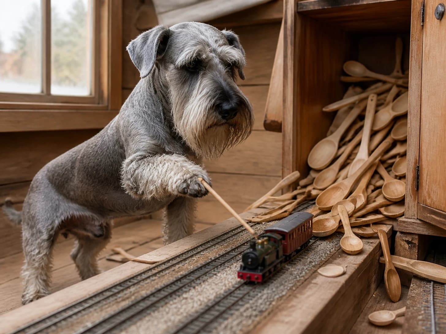 Vareniki was promoted to train dispatcher handling one tiny late train; unfortunately, a heap of wooden spoons spills from a cupboard.
