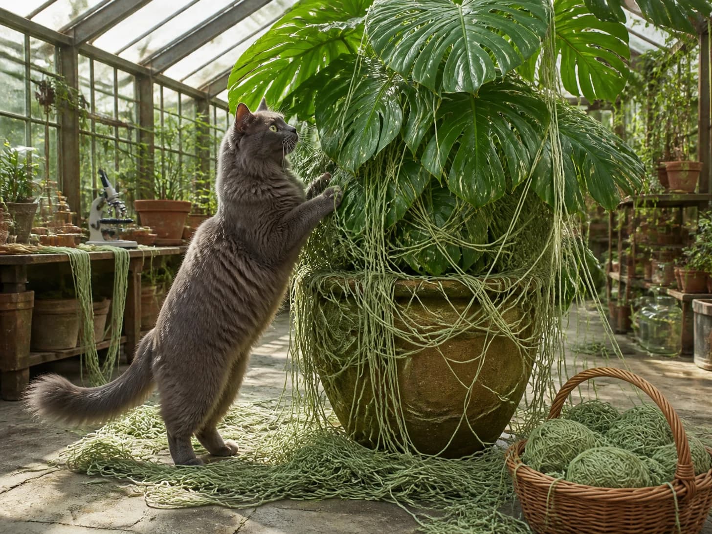 Tansy was promoted to botanist studying an absurdly large houseplant; unfortunately, a basket of yarn unravels around everything.