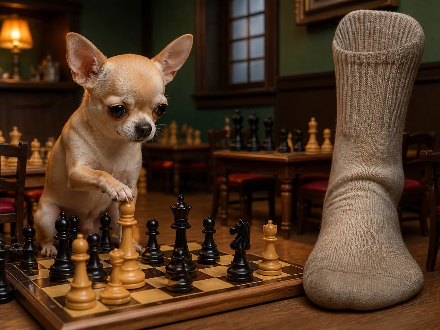 Sorrel was promoted to chess champion facing pieces taller than itself; unfortunately, a single enormous sock appears without explanation.