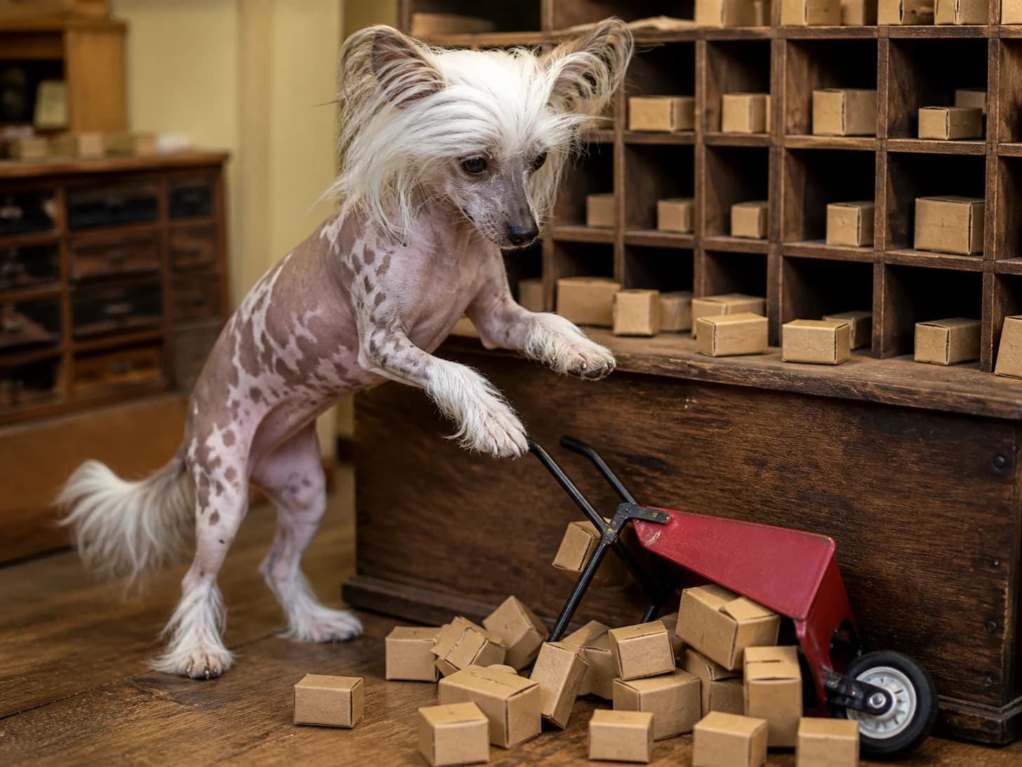 Quince was promoted to post-office clerk sorting blank miniature parcels; unfortunately, a toy wheelbarrow tips at the worst moment.