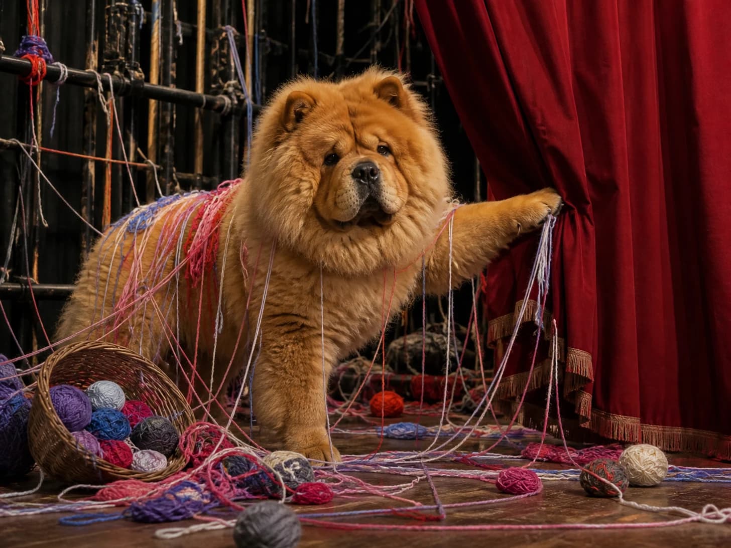 Cricket was promoted to stage manager during a curtain emergency; unfortunately, a basket of yarn unravels around everything.