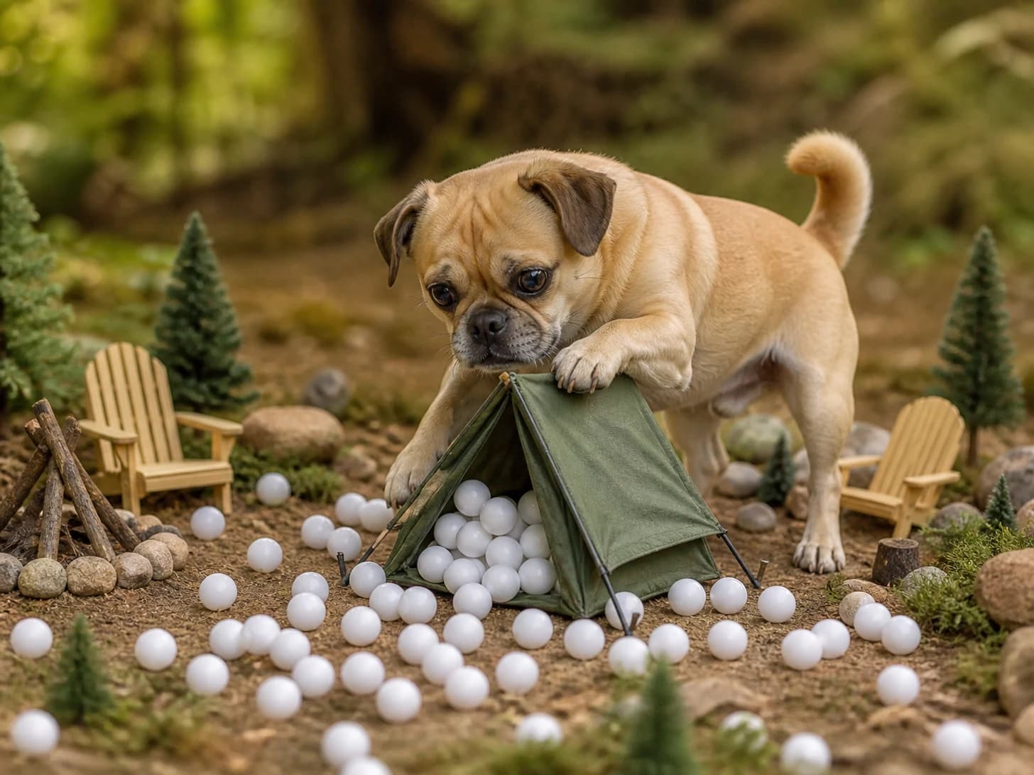 Radish was promoted to camping guide assembling a tent much too small; unfortunately, dozens of ping-pong balls escape at once.