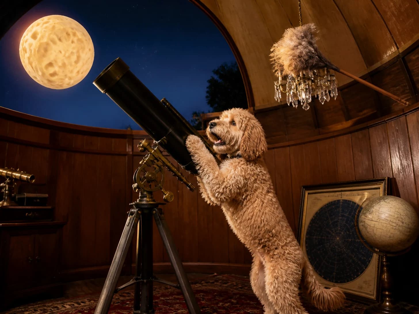 Kasha was promoted to astronomer discovering that the moon is a cheese wheel; unfortunately, a feather duster gets stuck in a tiny chandelier.