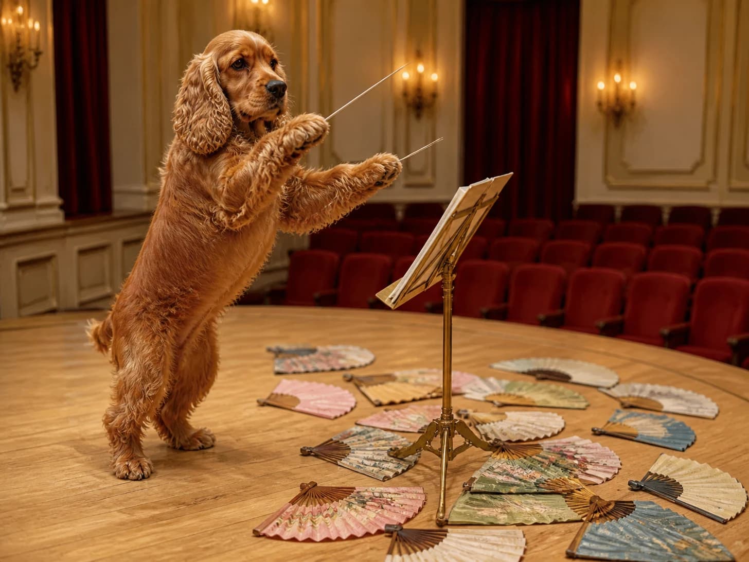 Muffin was promoted to stern orchestra conductor; unfortunately, a paper fan unfolds across the floor.