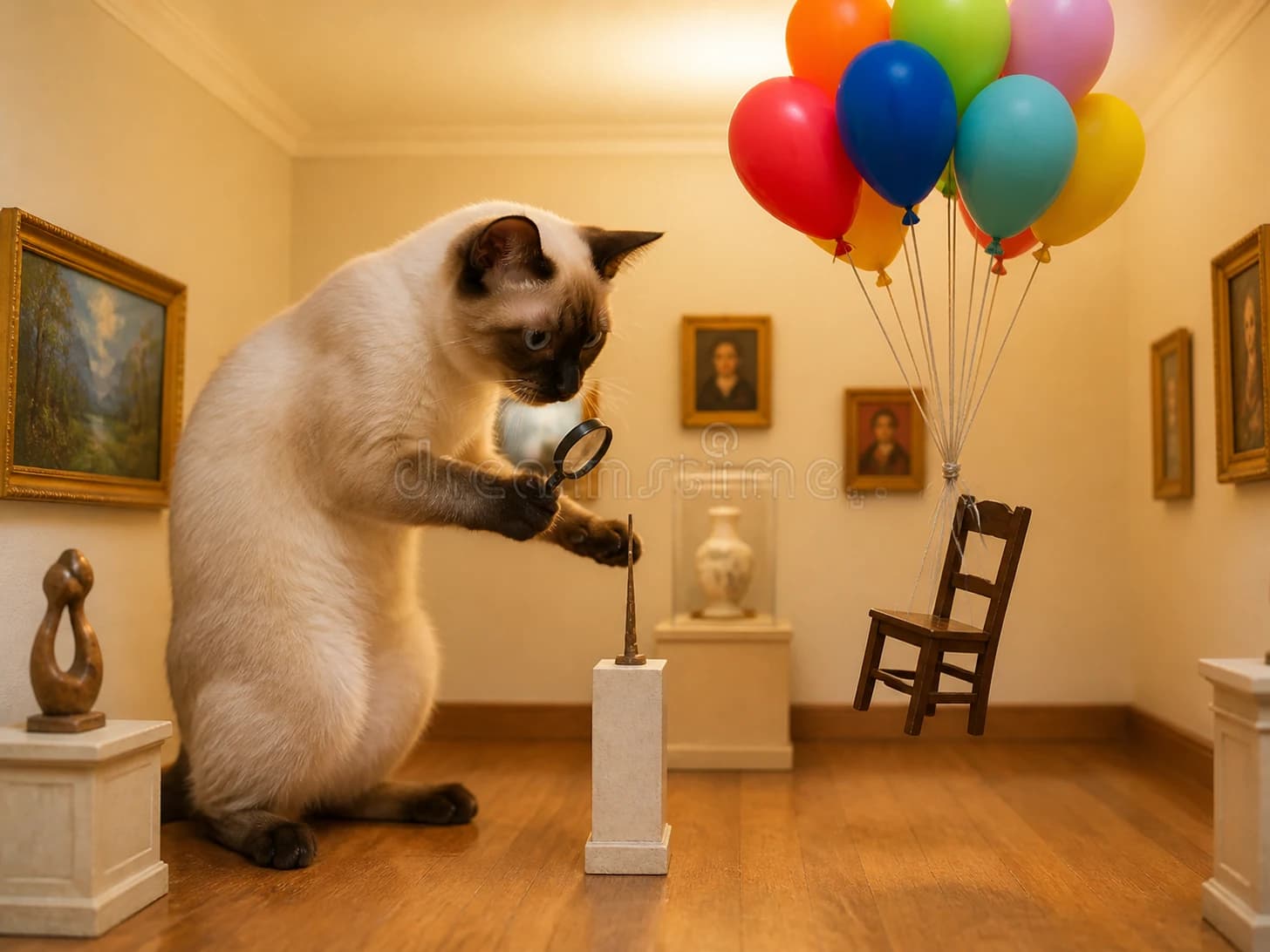 Biscuit II was promoted to meticulous museum curator; unfortunately, a balloon bouquet pulls a tiny chair upward.
