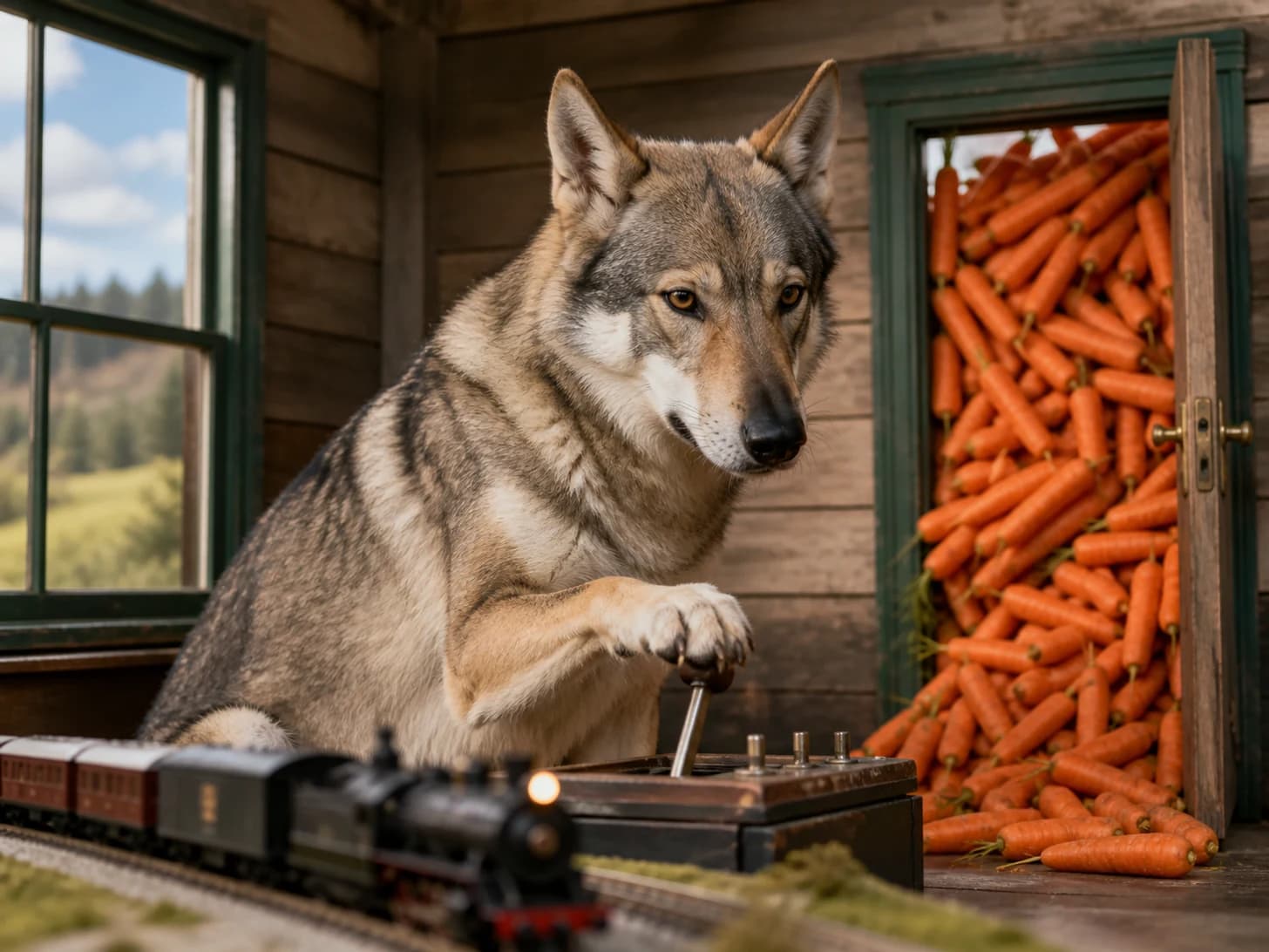 Gable was promoted to train dispatcher handling one tiny late train; unfortunately, a mountain of carrots blocks the doorway.