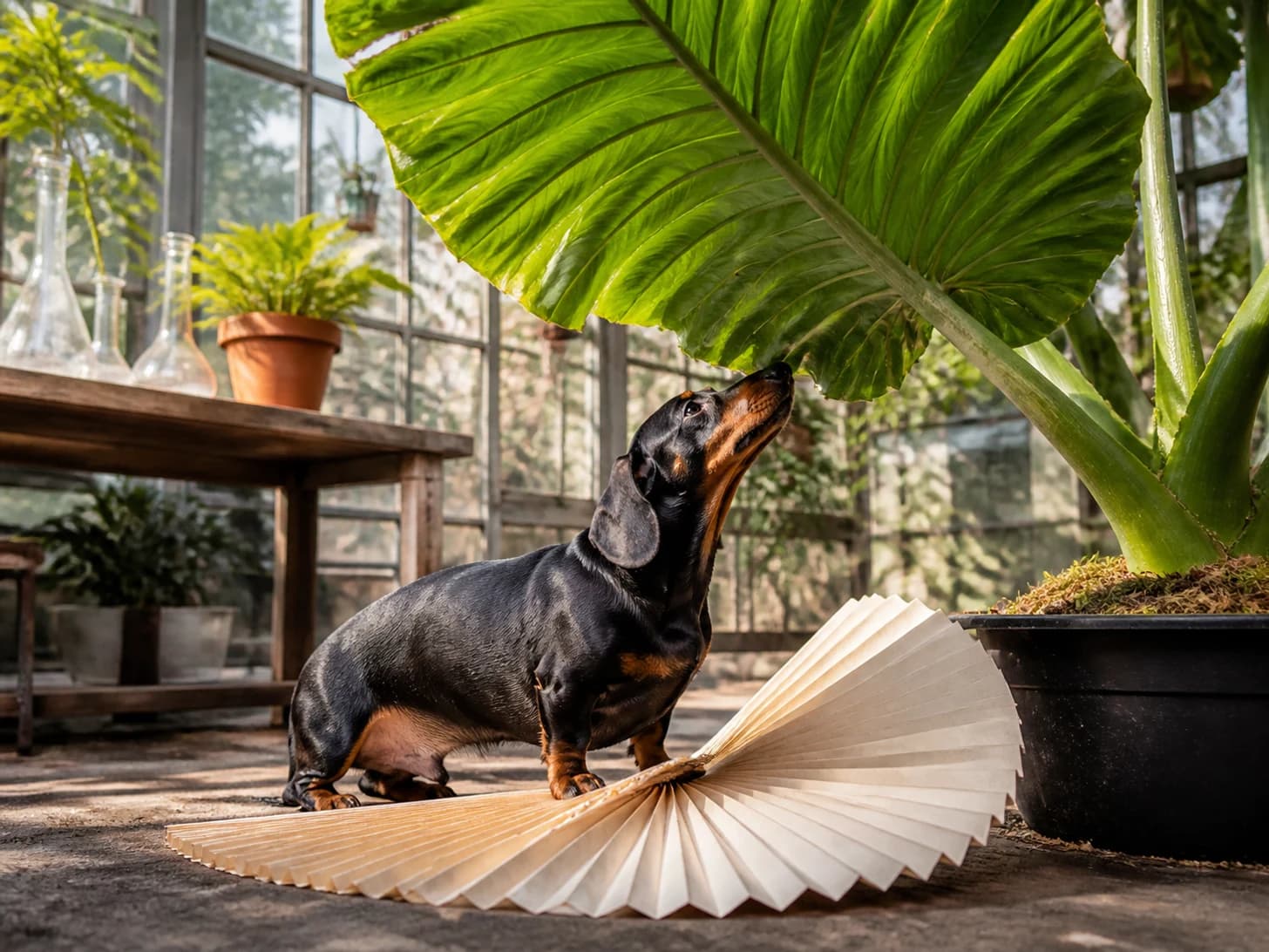 Thistle was promoted to botanist studying an absurdly large houseplant; unfortunately, a paper fan unfolds across the floor.
