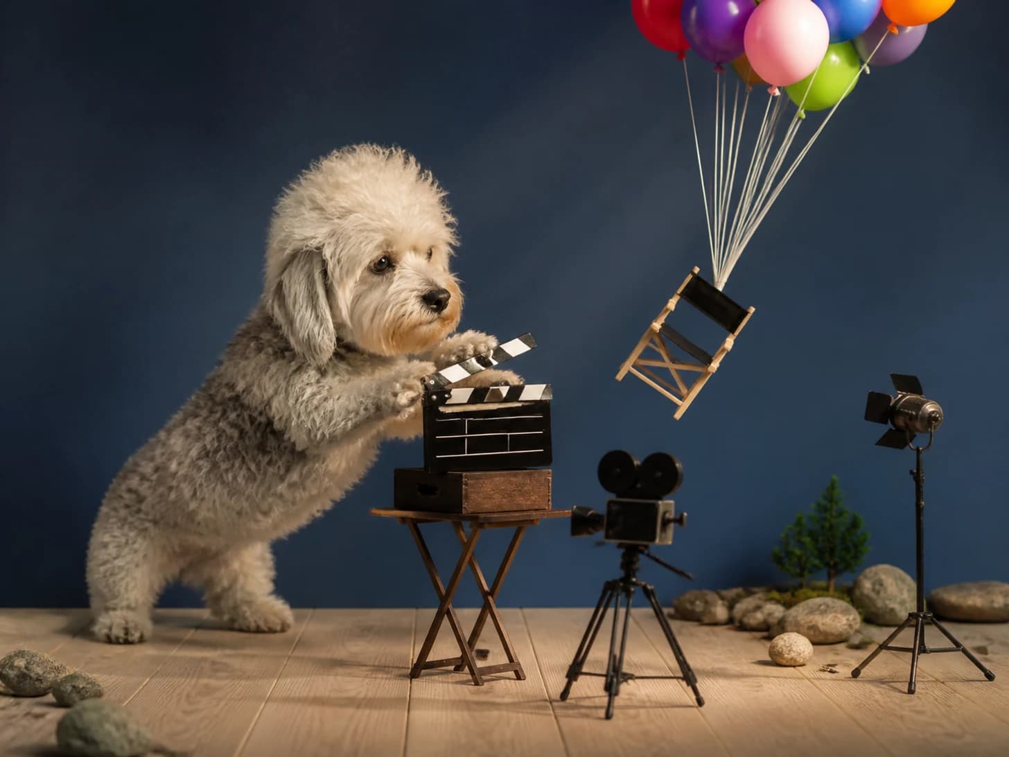 Plum III was promoted to film director frustrated with a toy clapperboard; unfortunately, a balloon bouquet pulls a tiny chair upward.