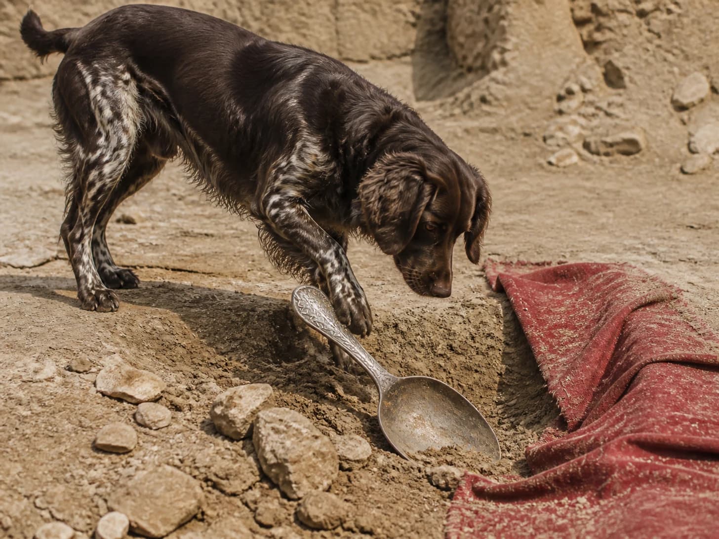 Jetty was promoted to archaeologist uncovering a giant spoon; unfortunately, a tiny red carpet refuses to lie flat.