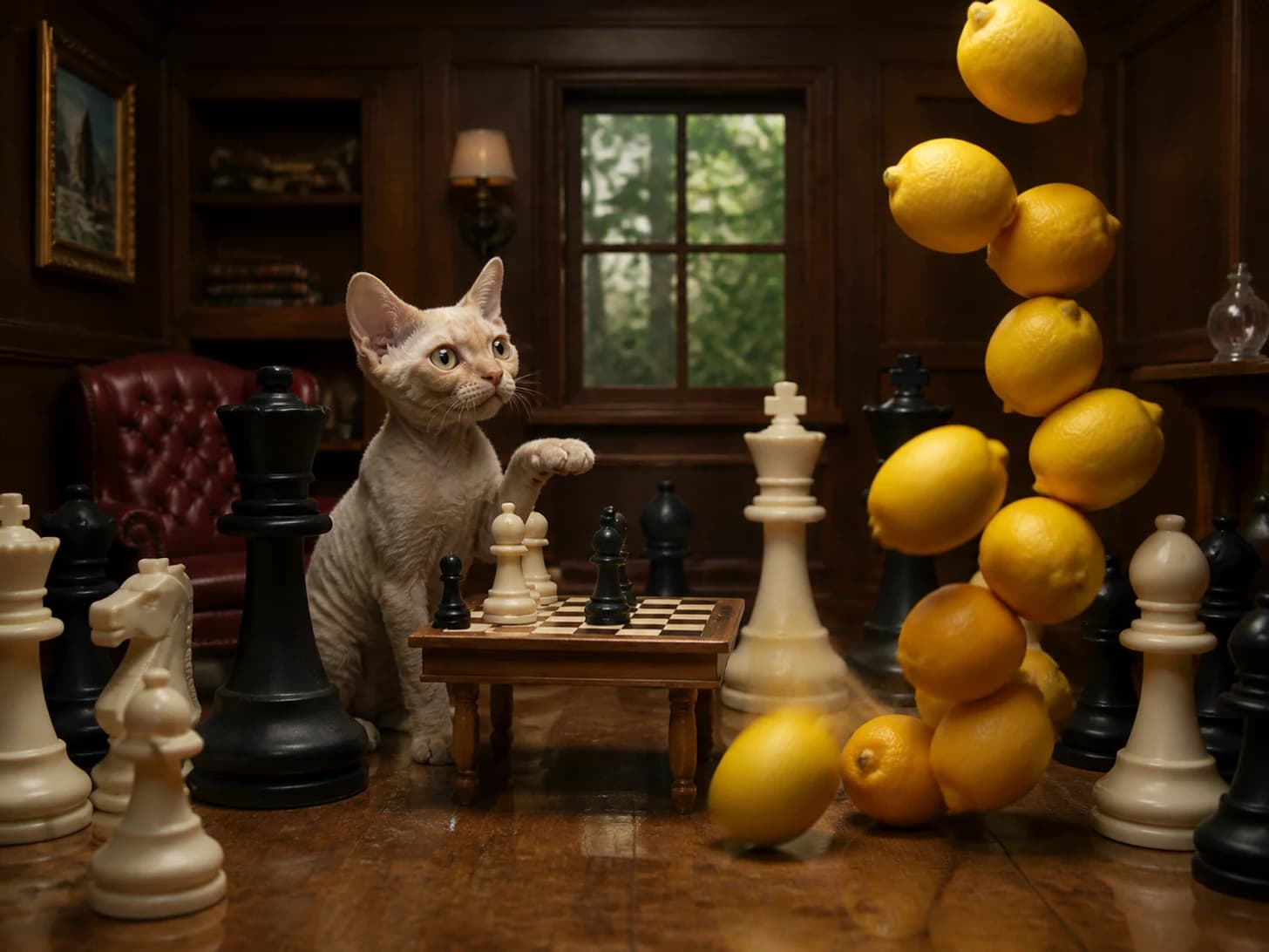 Gable III was promoted to chess champion facing pieces taller than itself; unfortunately, a tower of lemons begins to collapse.