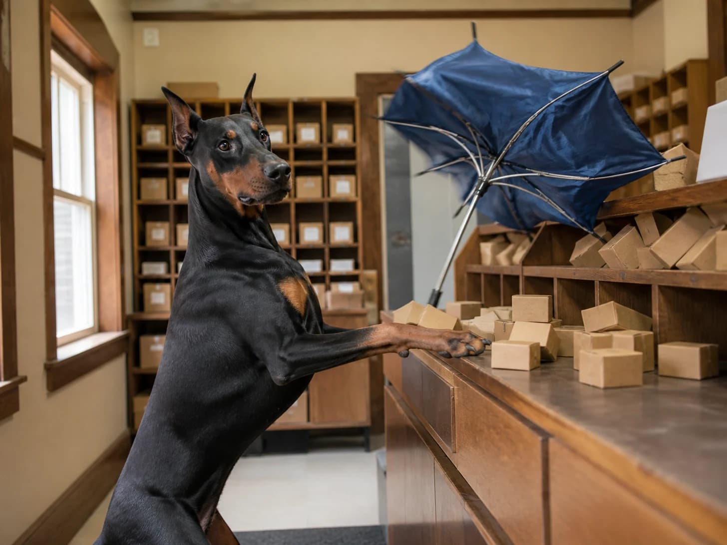 Vareniki II was promoted to post-office clerk sorting blank miniature parcels; unfortunately, a miniature umbrella turns inside out.