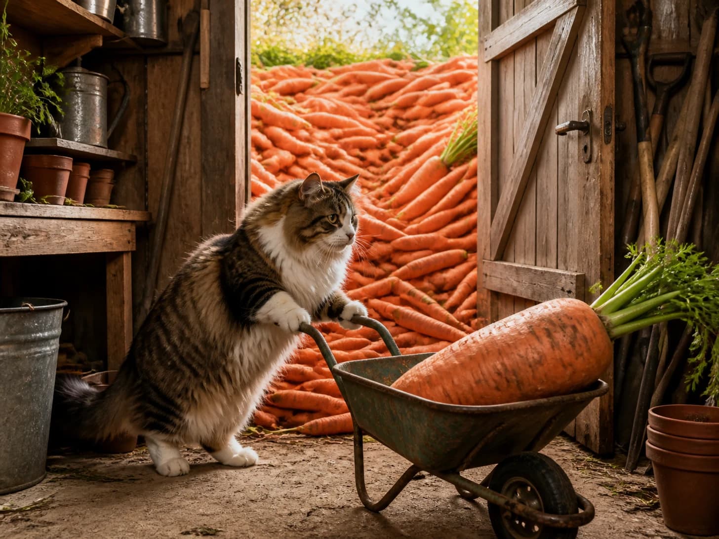 Sesame IV was promoted to gardener confronting a wheelbarrow full of one enormous vegetable; unfortunately, a mountain of carrots blocks the doorway.