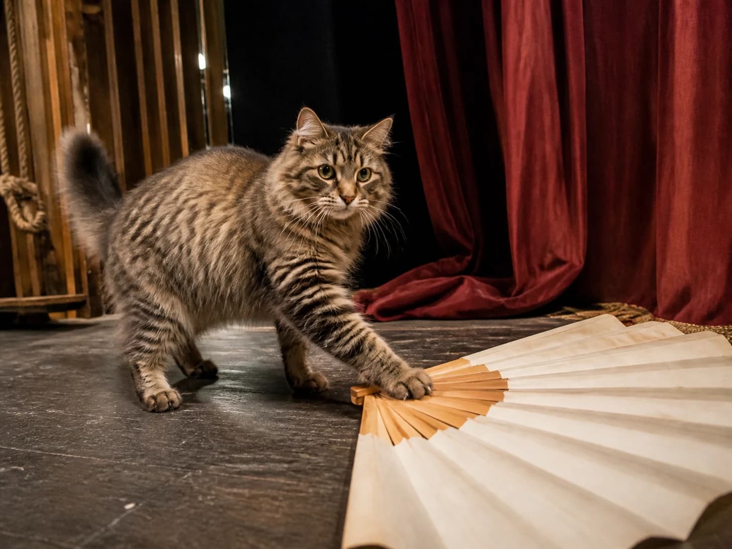 Umber was promoted to stage manager during a curtain emergency; unfortunately, a paper fan unfolds across the floor.
