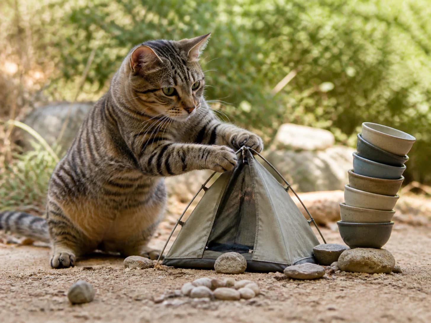 Flint II was promoted to camping guide assembling a tent much too small; unfortunately, a stack of empty bowls wobbles dangerously.