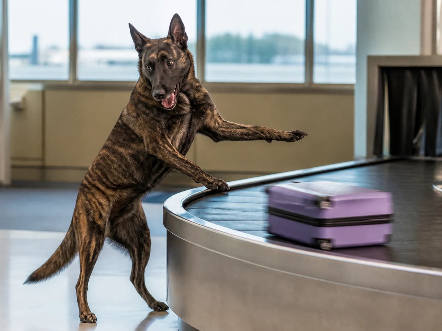 Sable was promoted to overwhelmed airport baggage manager; unfortunately, one toy suitcase circles endlessly.