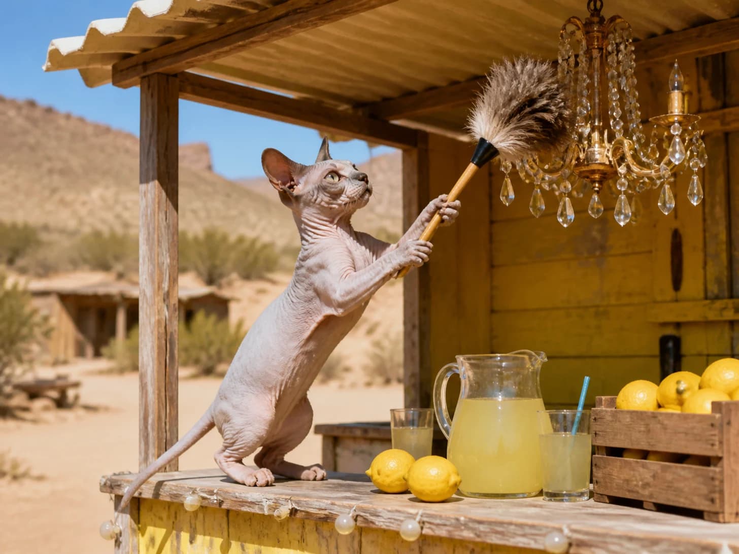 Cinder was promoted to ambitious roadside lemonade vendor; unfortunately, a feather duster gets stuck in a tiny chandelier.
