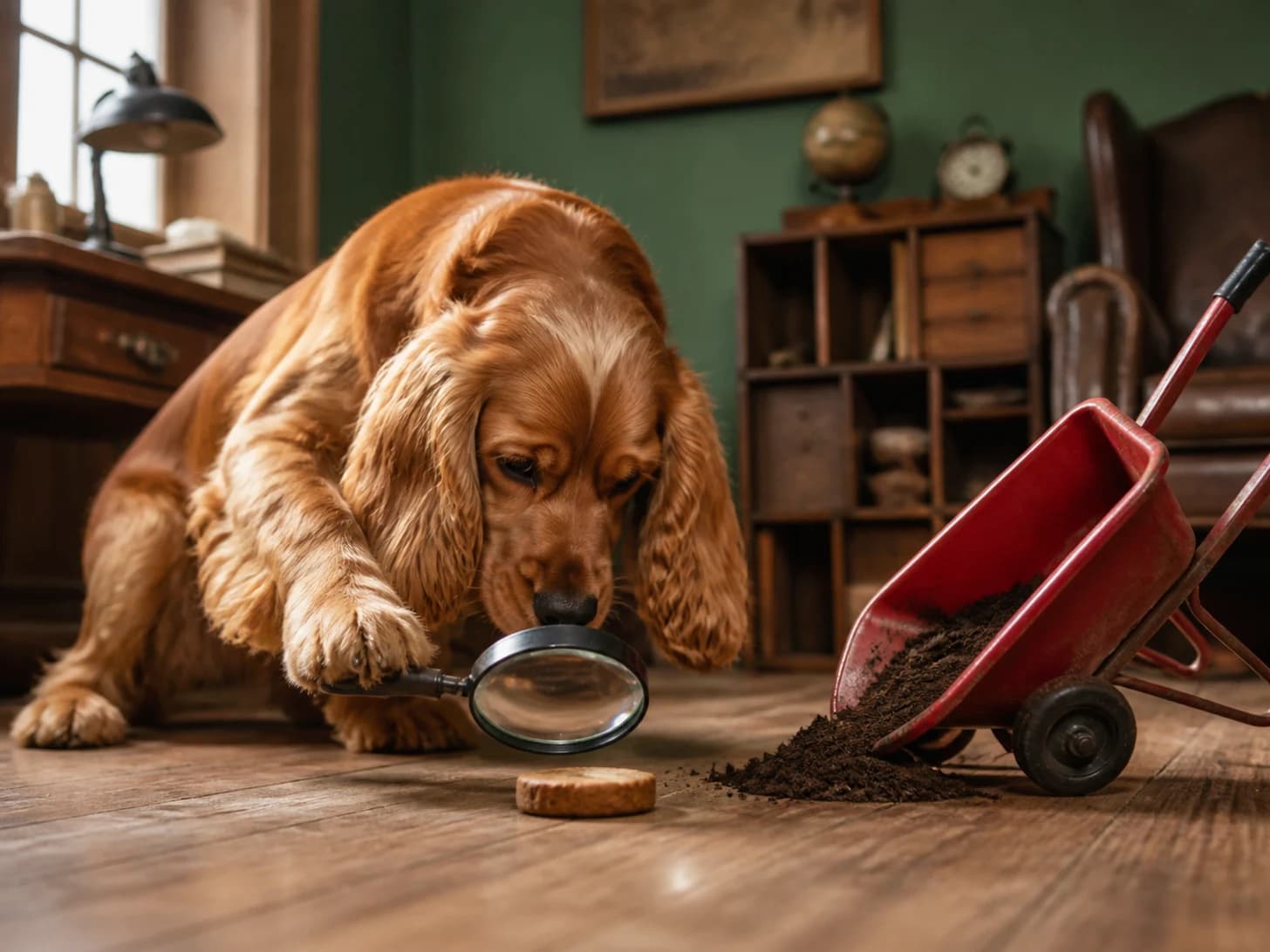 Thistle II was promoted to detective examining one suspicious biscuit; unfortunately, a toy wheelbarrow tips at the worst moment.