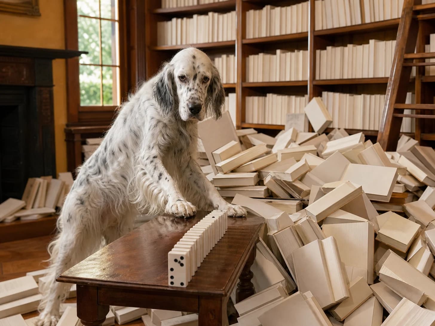 Apricot was promoted to librarian managing an avalanche of blank books; unfortunately, a domino line stops one piece before the finish.