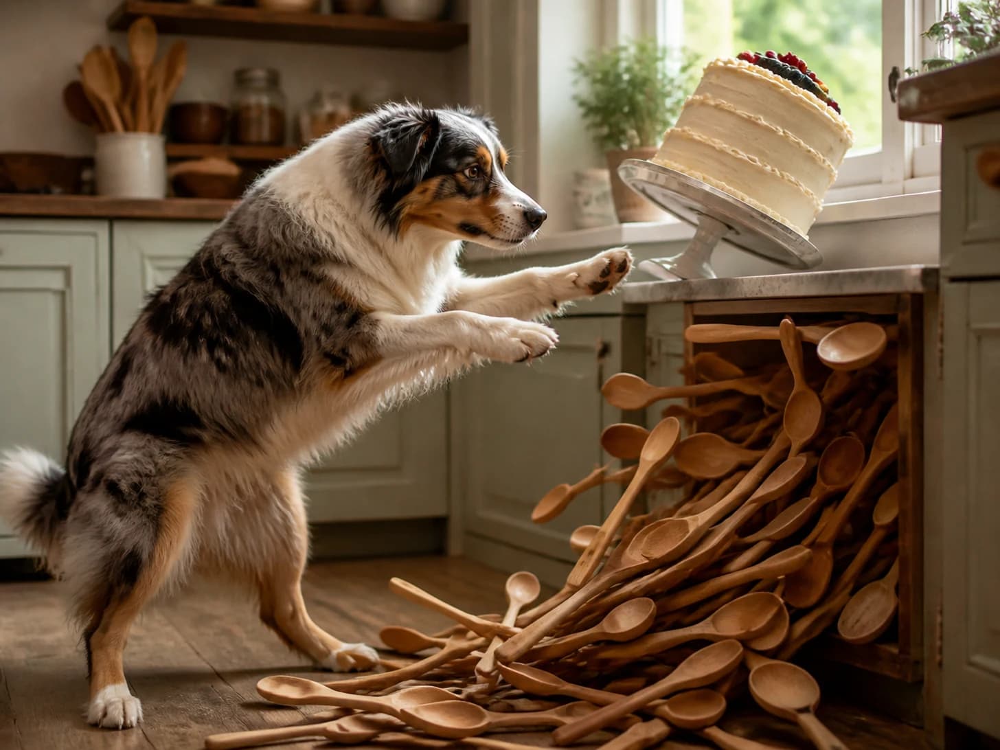 Mistral II was promoted to pastry chef confronting a leaning cake; unfortunately, a heap of wooden spoons spills from a cupboard.