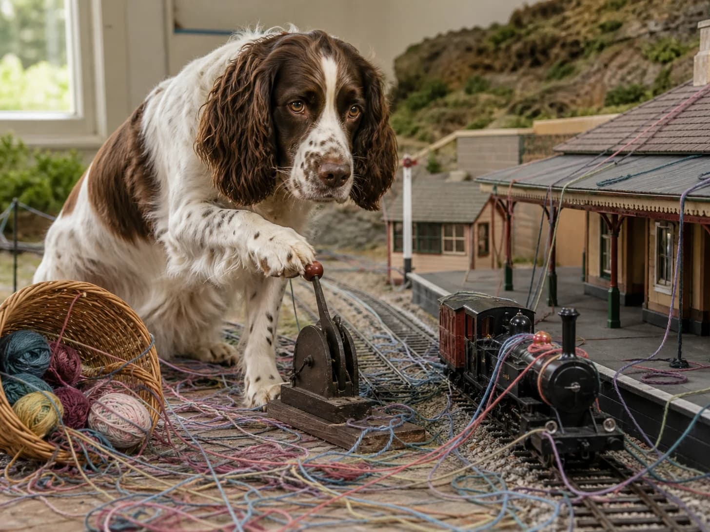 Plum IV was promoted to train dispatcher handling one tiny late train; unfortunately, a basket of yarn unravels around everything.