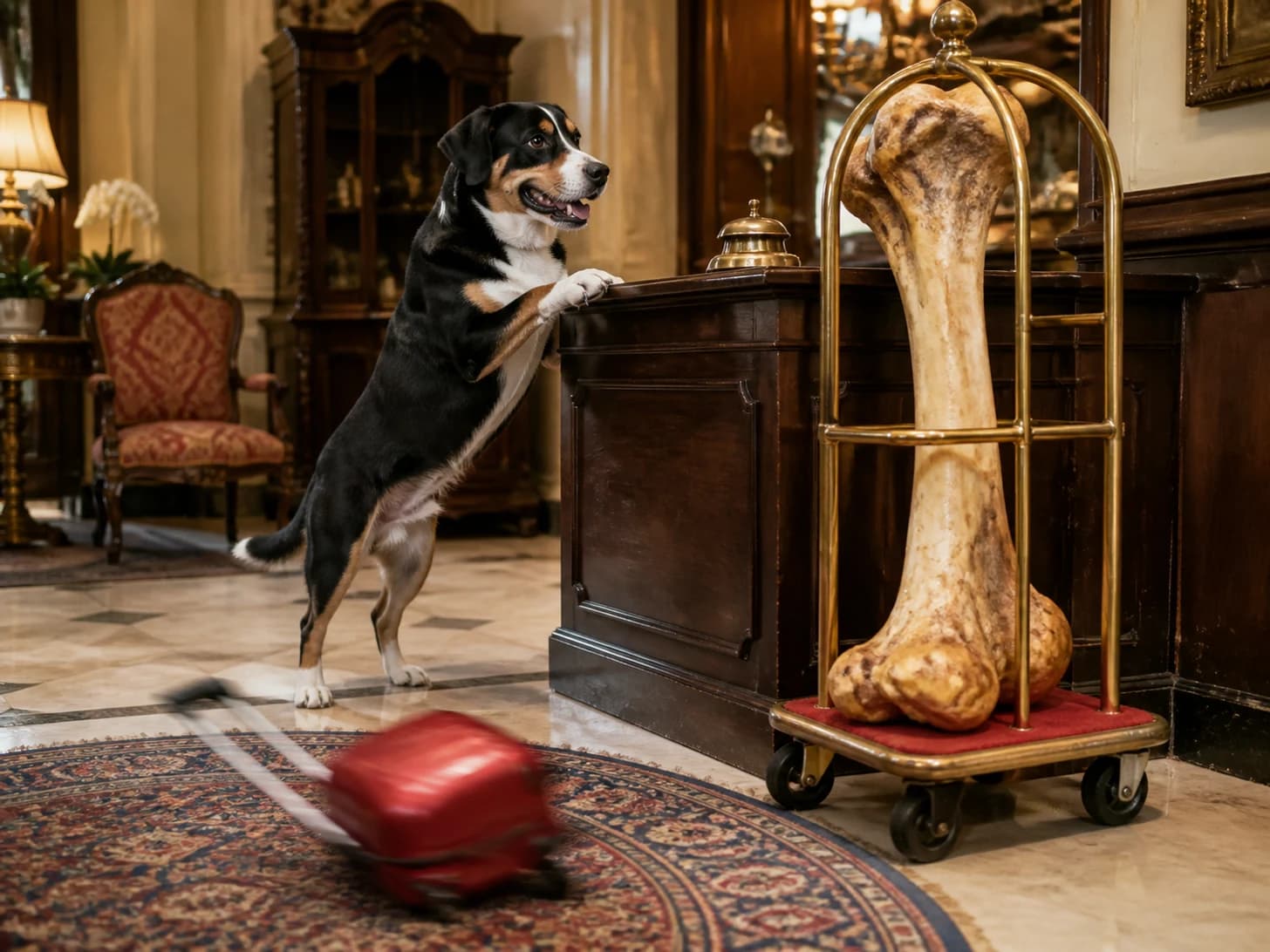Dumpling II was promoted to hotel concierge receiving impossible luggage; unfortunately, one toy suitcase circles endlessly.