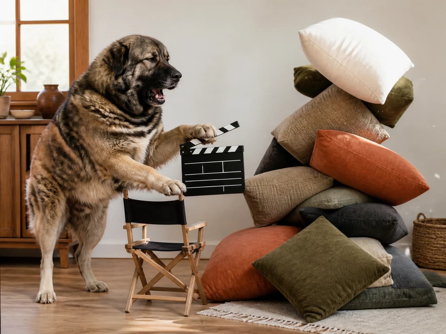 Heather was promoted to film director frustrated with a toy clapperboard; unfortunately, a pile of cushions slowly topples.