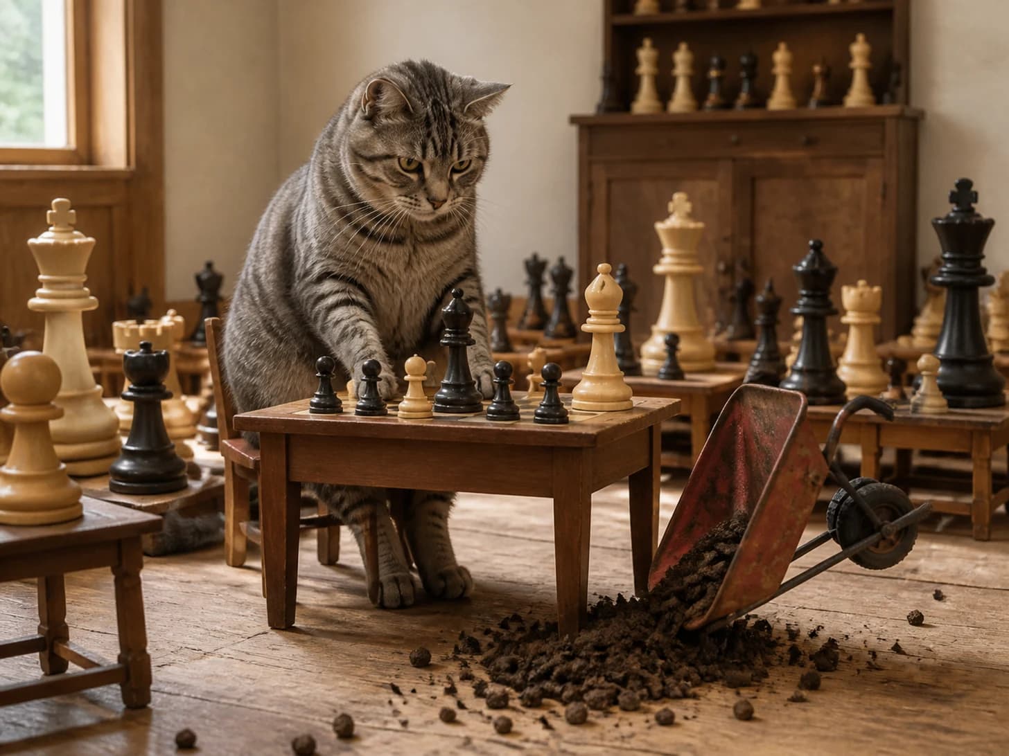 Sorrel IV was promoted to chess champion facing pieces taller than itself; unfortunately, a toy wheelbarrow tips at the worst moment.