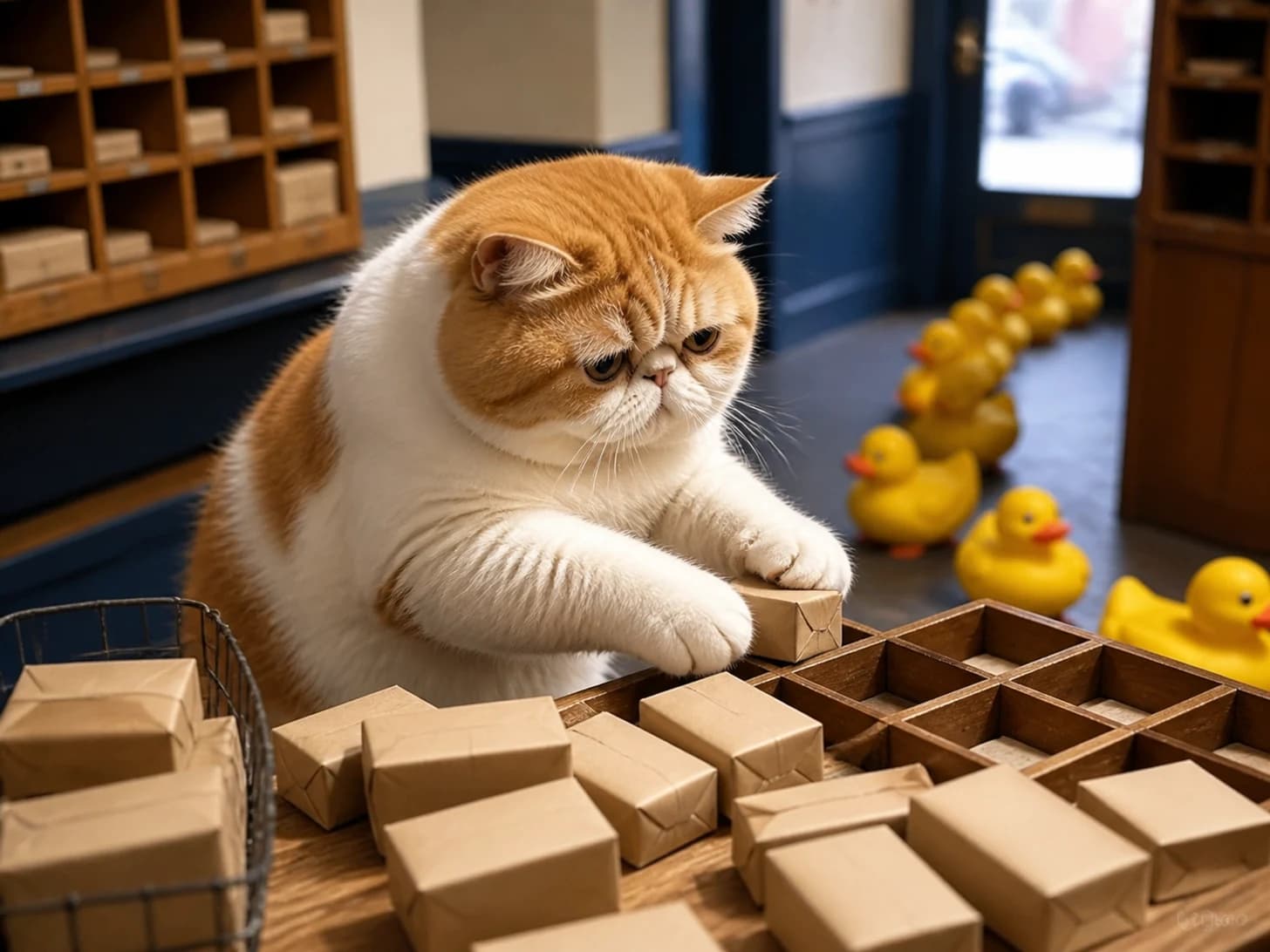 Semolina was promoted to post-office clerk sorting blank miniature parcels; unfortunately, a parade of rubber ducks heads the wrong way.