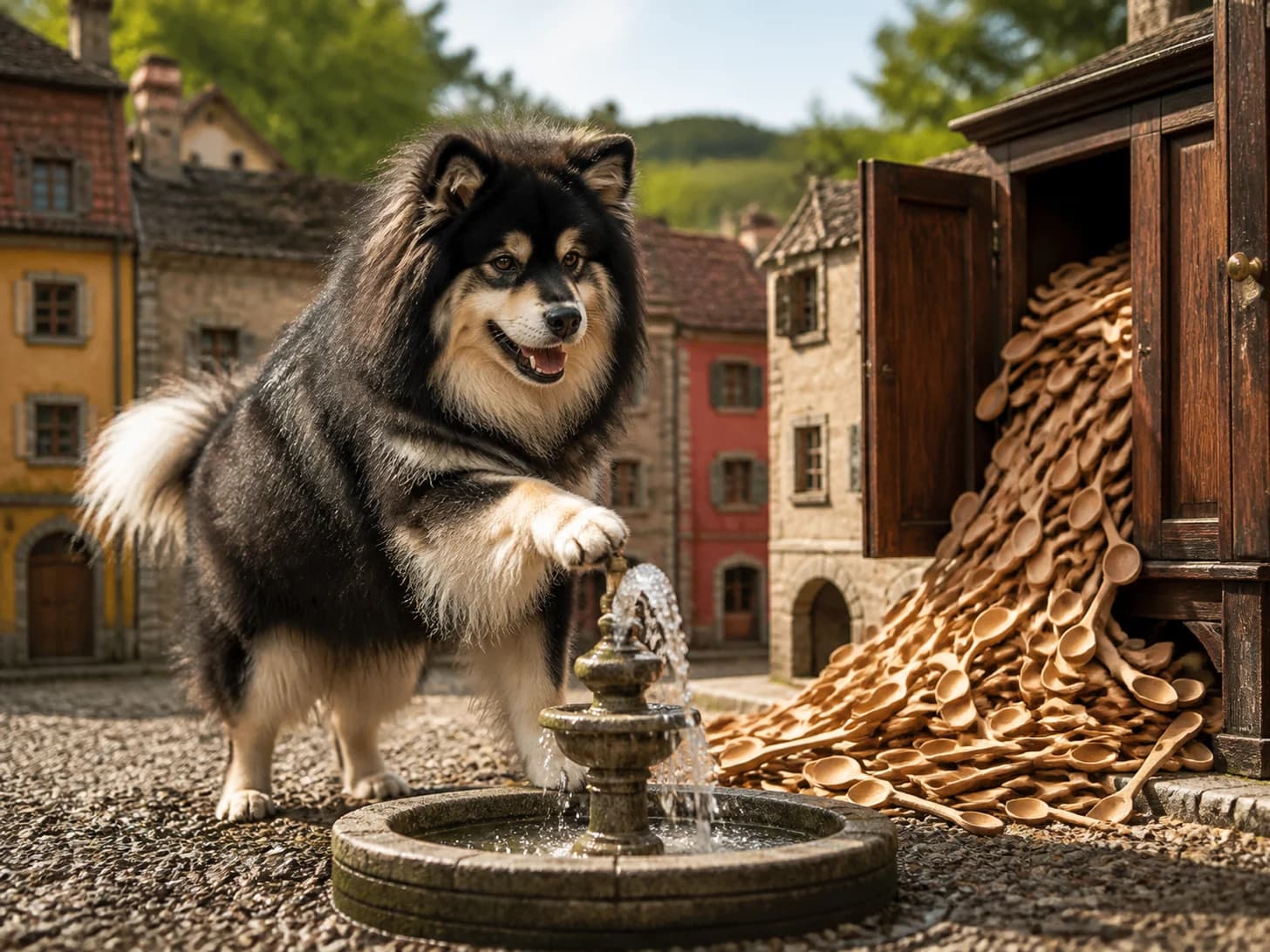 Sable II was promoted to mayor opening a very small fountain; unfortunately, a heap of wooden spoons spills from a cupboard.