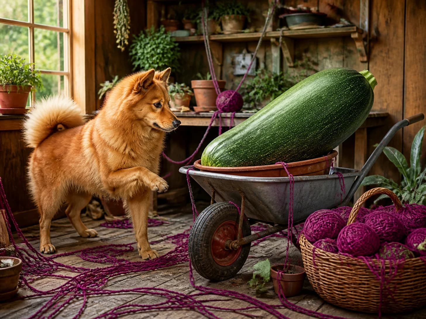Cardamom II was promoted to gardener confronting a wheelbarrow full of one enormous vegetable; unfortunately, a basket of yarn unravels around everything.