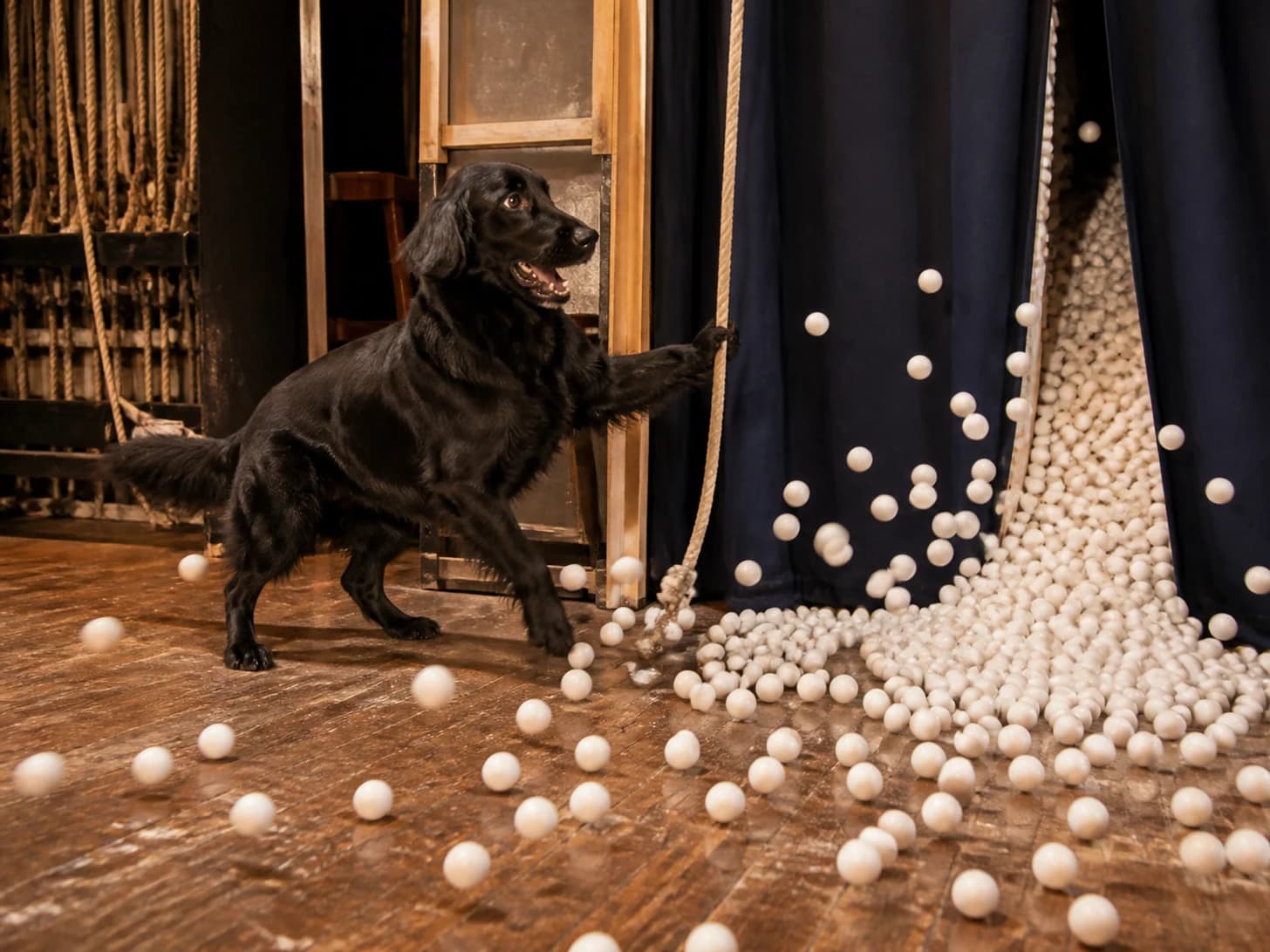 Gherkin was promoted to stage manager during a curtain emergency; unfortunately, dozens of ping-pong balls escape at once.