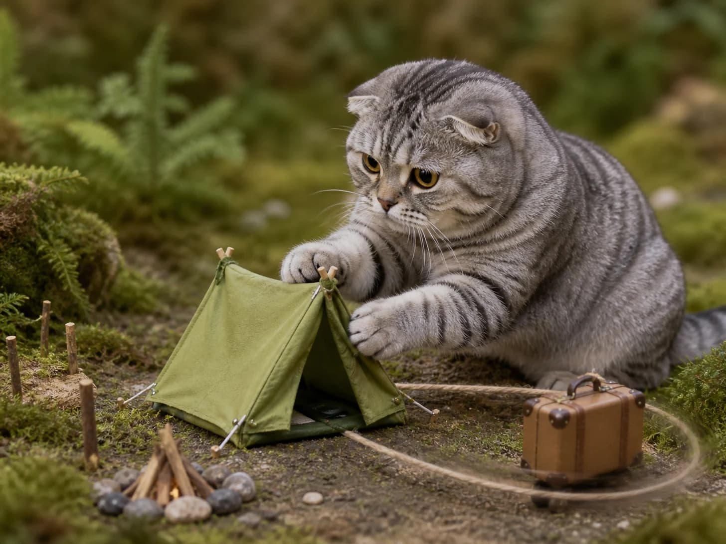 Noodle was promoted to camping guide assembling a tent much too small; unfortunately, one toy suitcase circles endlessly.