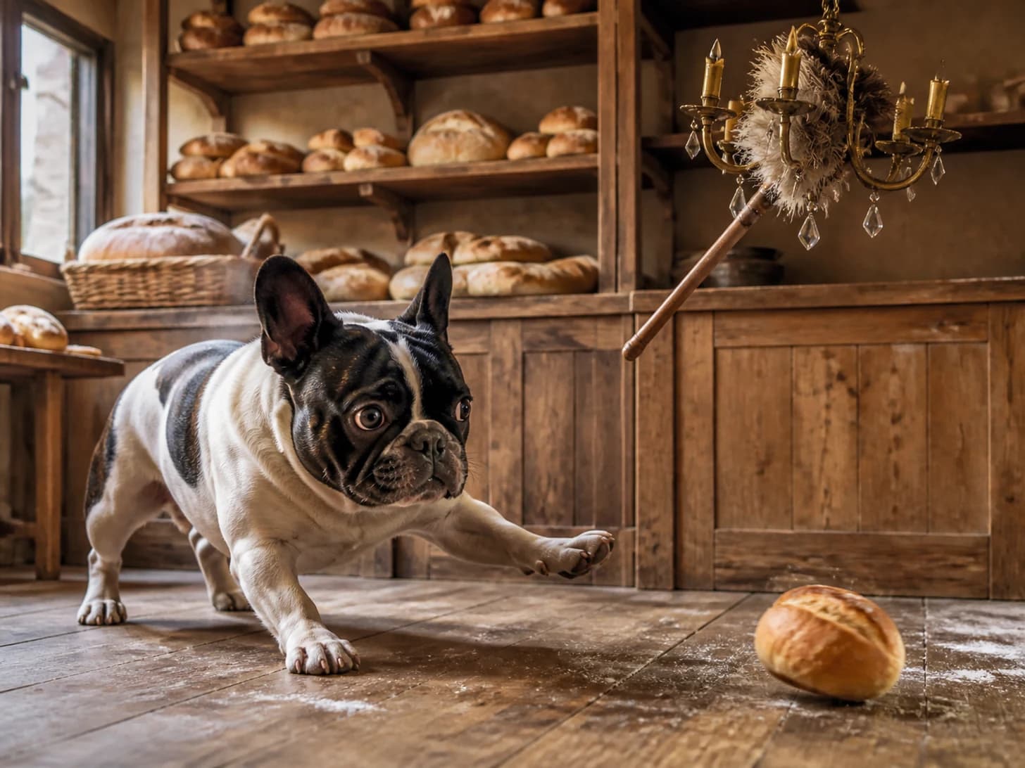 Nectarine II was promoted to baker guarding a runaway bread roll; unfortunately, a feather duster gets stuck in a tiny chandelier.