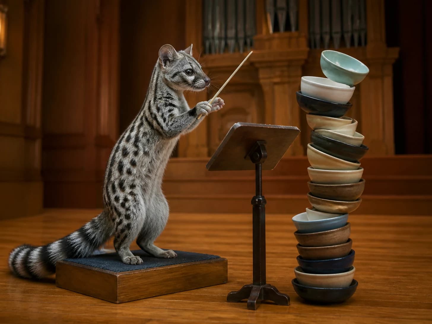 Marigold III was promoted to stern orchestra conductor; unfortunately, a stack of empty bowls wobbles dangerously.