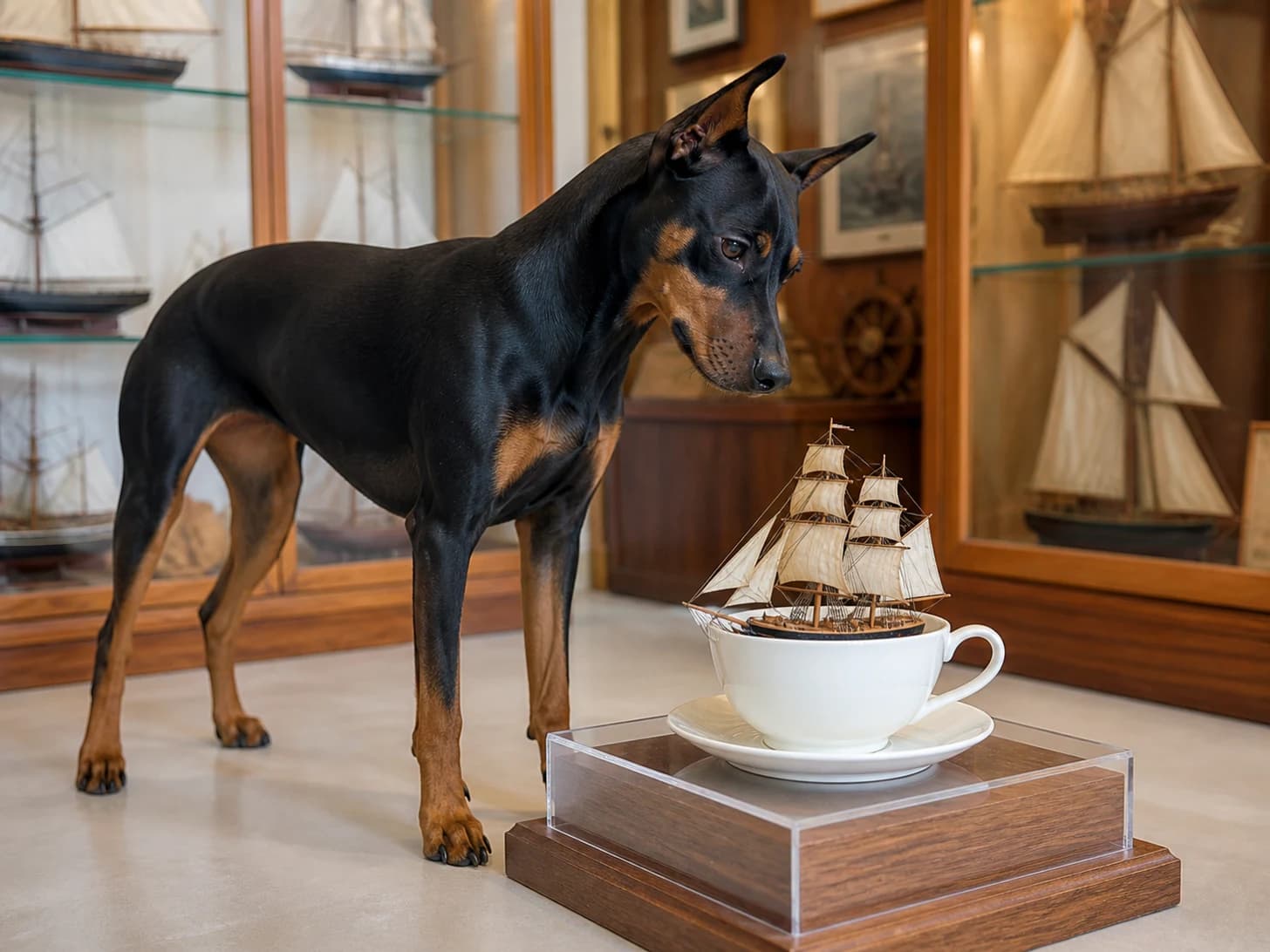 Teasel was promoted to meticulous museum curator; unfortunately, a model sailboat becomes stranded in a teacup.