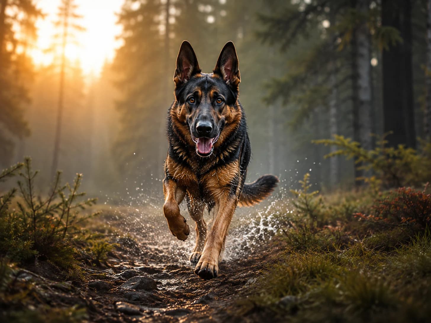 Kaiser takes the wet trail at dawn at full speed and comes home twice his own weight.