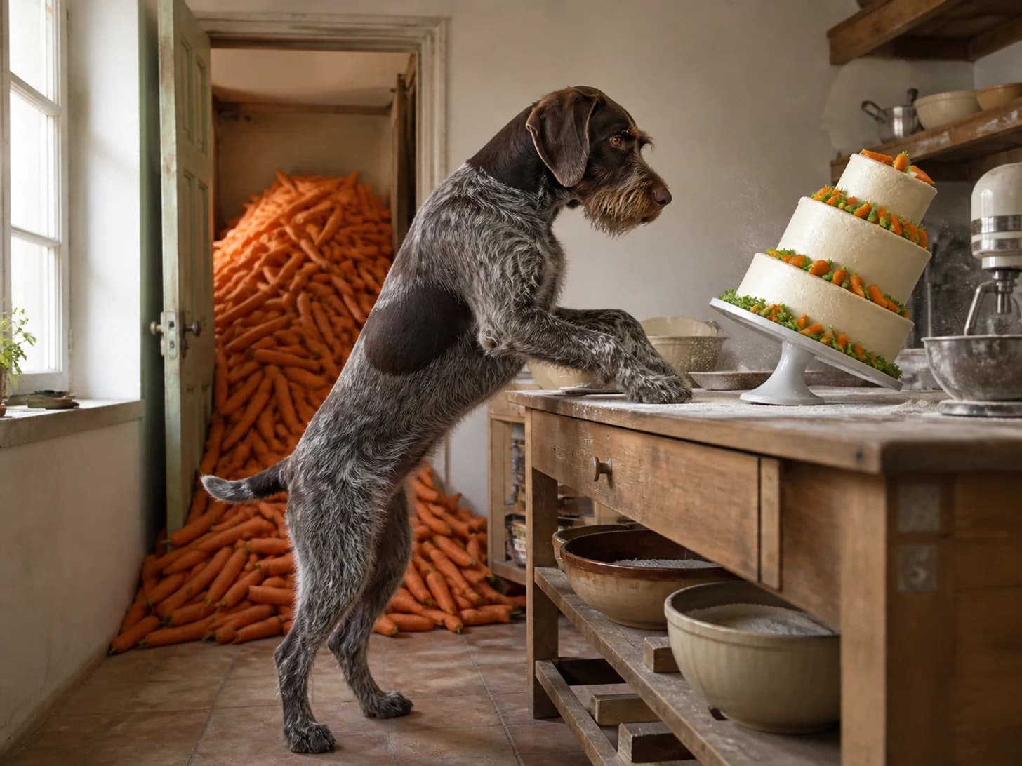 Mochi was promoted to pastry chef confronting a leaning cake; unfortunately, a mountain of carrots blocks the doorway.
