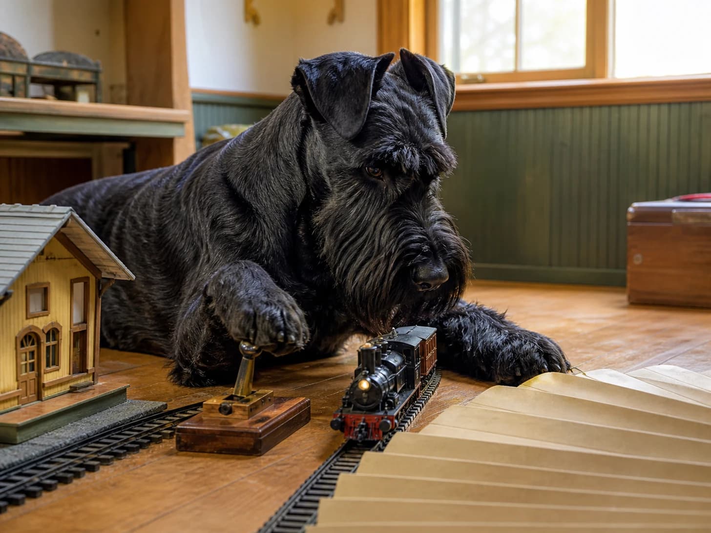 Marlowe was promoted to train dispatcher handling one tiny late train; unfortunately, a paper fan unfolds across the floor.