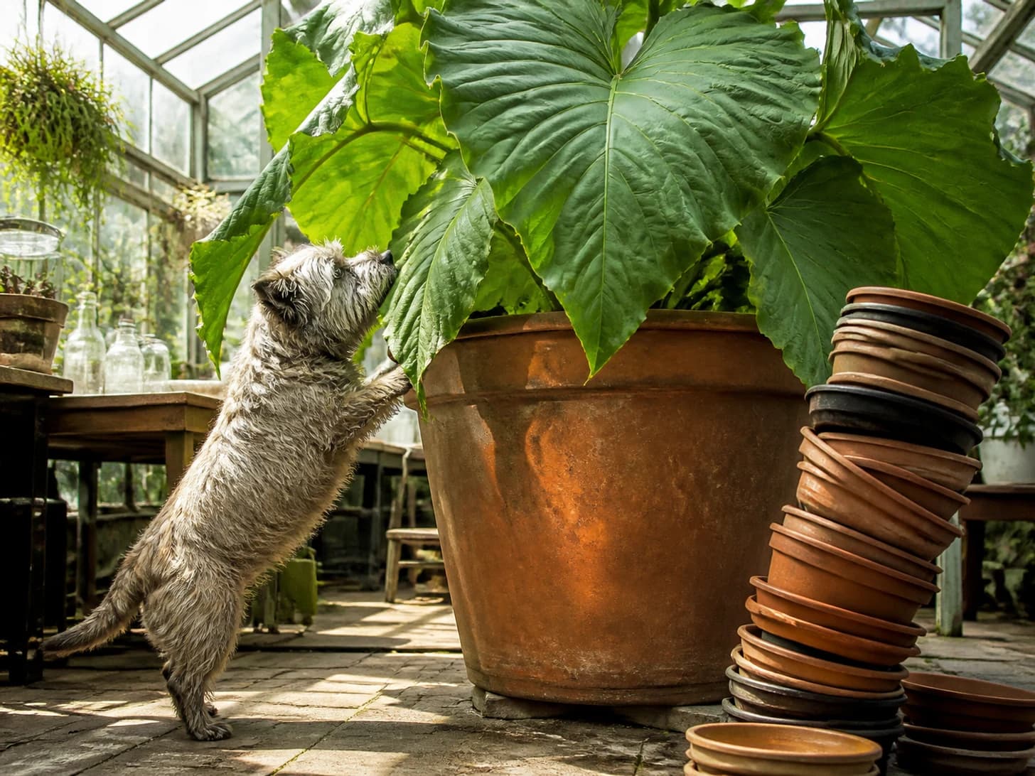Anise was promoted to botanist studying an absurdly large houseplant; unfortunately, a stack of empty bowls wobbles dangerously.