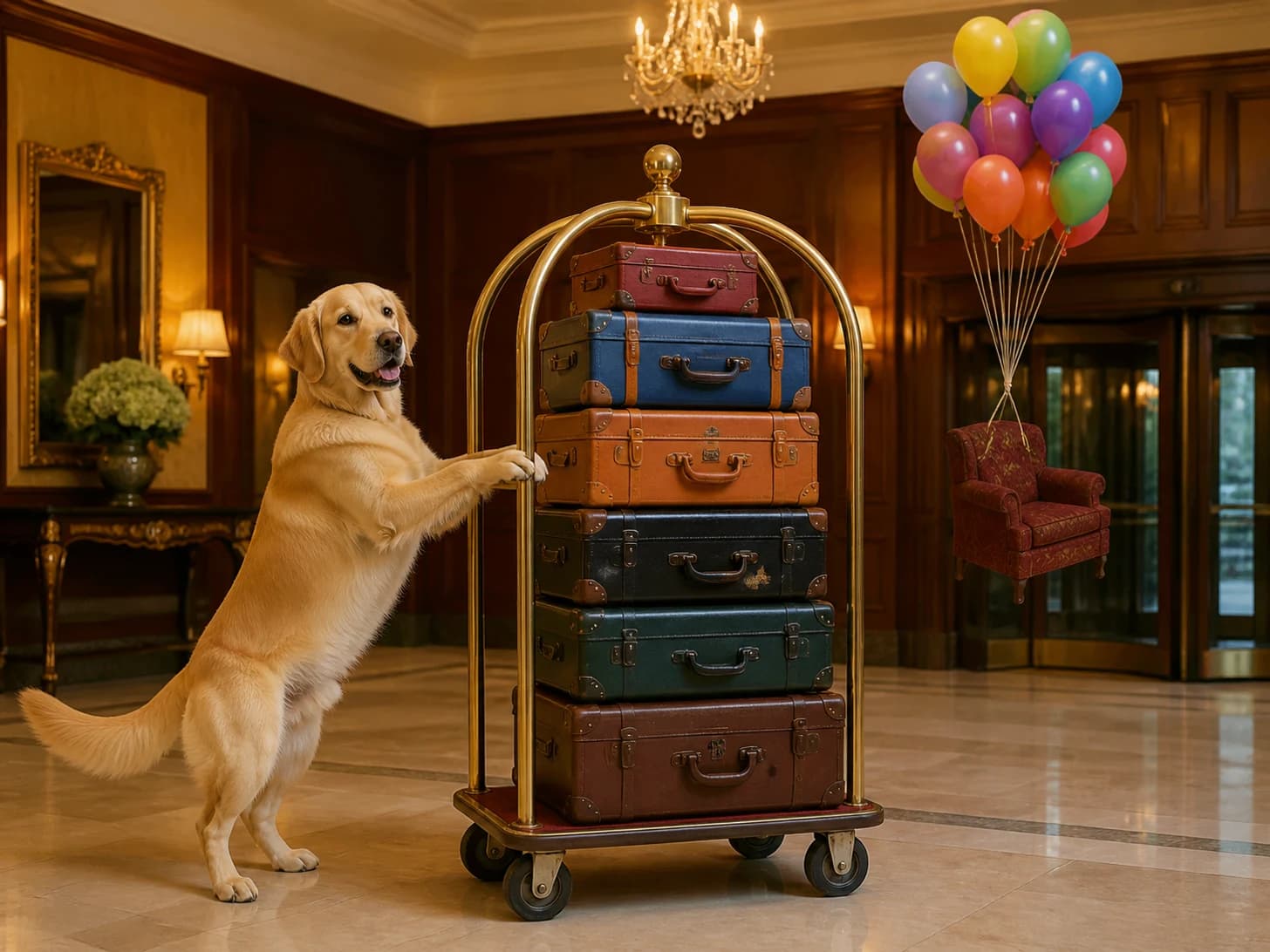 Mustard was promoted to hotel concierge receiving impossible luggage; unfortunately, a balloon bouquet pulls a tiny chair upward.