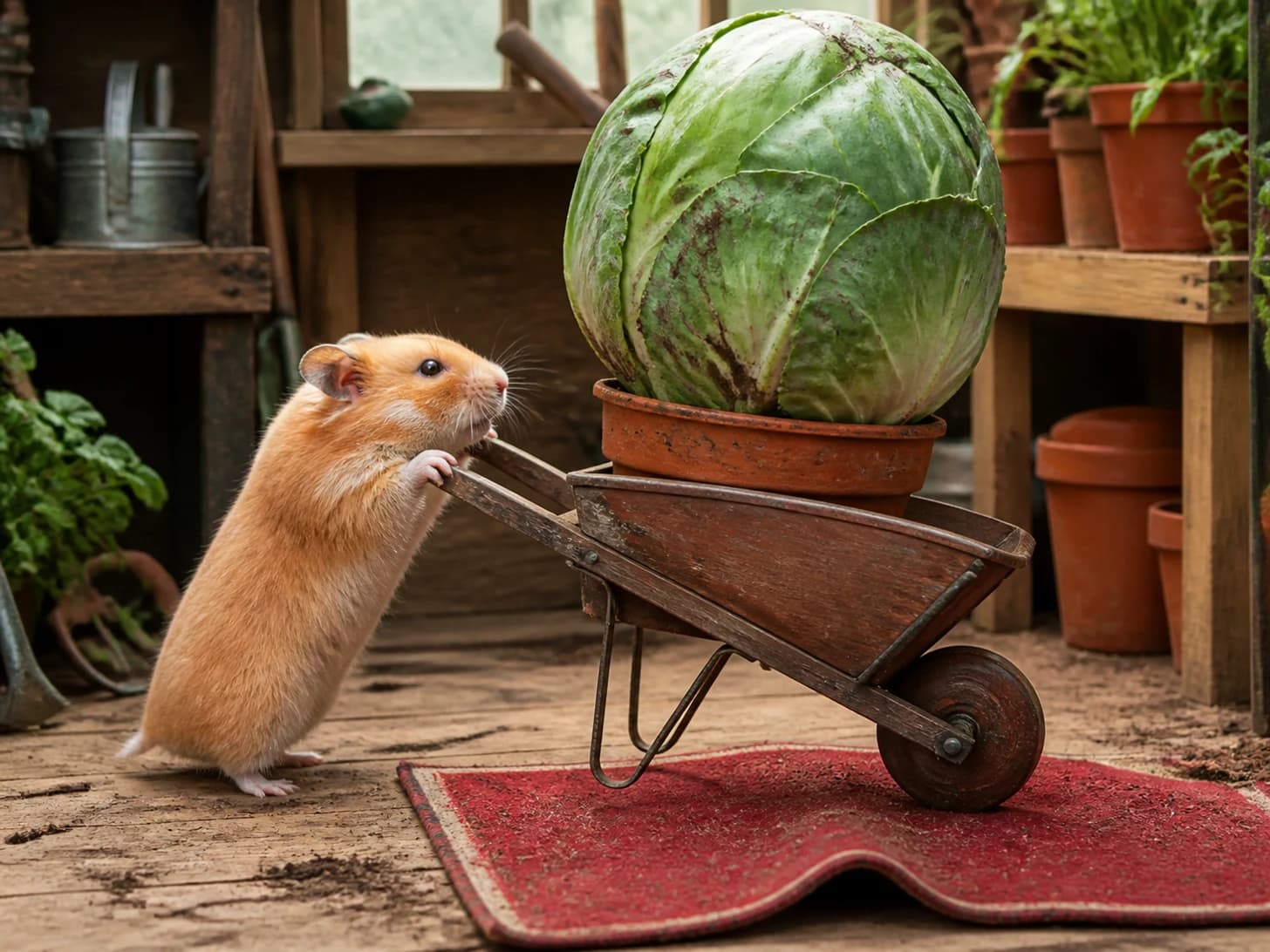 Bramble was promoted to gardener confronting a wheelbarrow full of one enormous vegetable; unfortunately, a tiny red carpet refuses to lie flat.