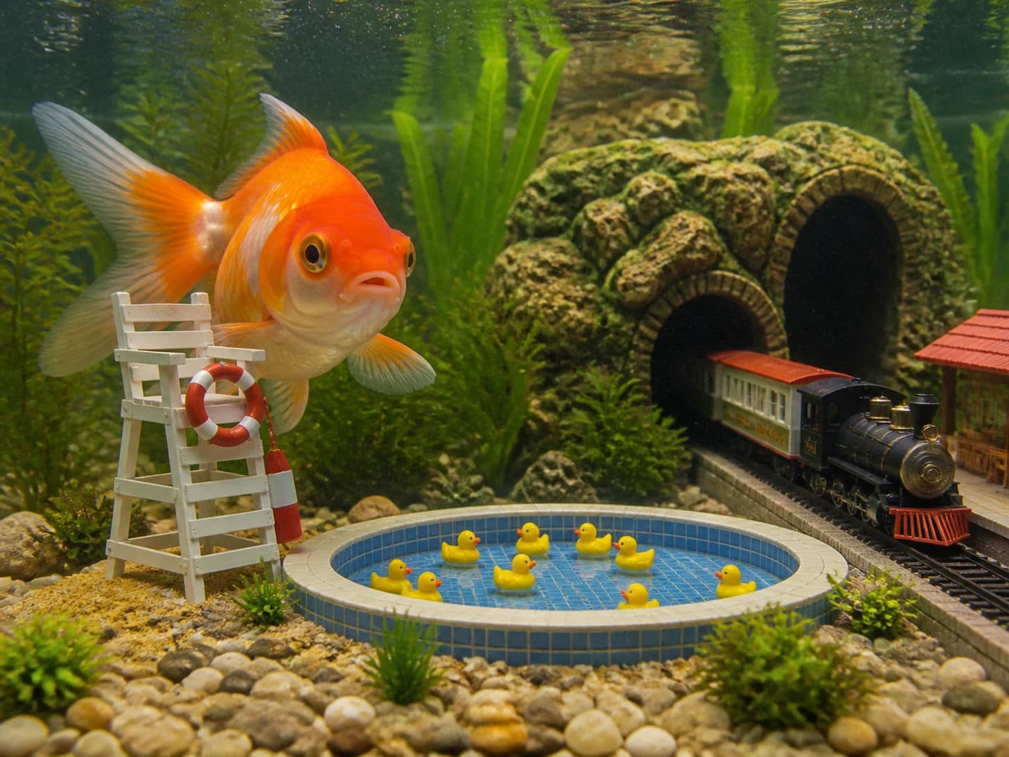 Apricot was promoted to lifeguard supervising a paddling pool for rubber ducks; unfortunately, a clockwork train misses the platform.