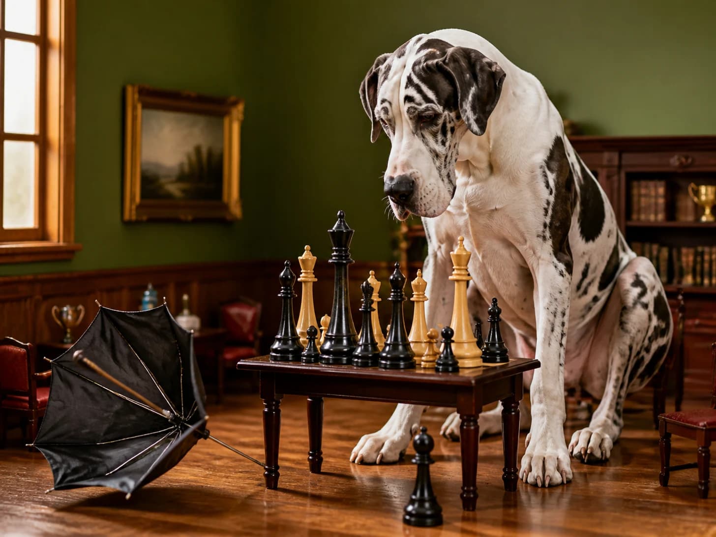 Jasper was promoted to chess champion facing pieces taller than itself; unfortunately, a miniature umbrella turns inside out.