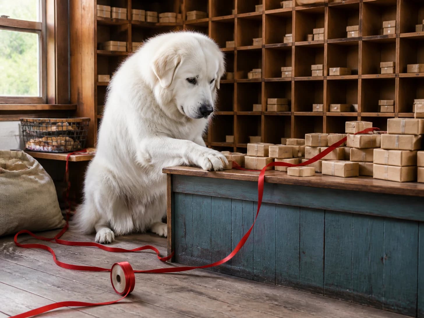 Maple II was promoted to post-office clerk sorting blank miniature parcels; unfortunately, a ribbon spool rolls across the entire set.