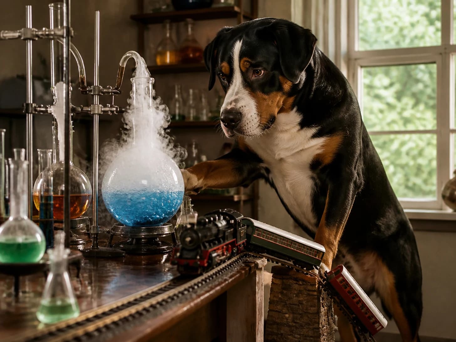 Bergamot was promoted to scientist monitoring a bubbling but harmless experiment; unfortunately, a clockwork train misses the platform.