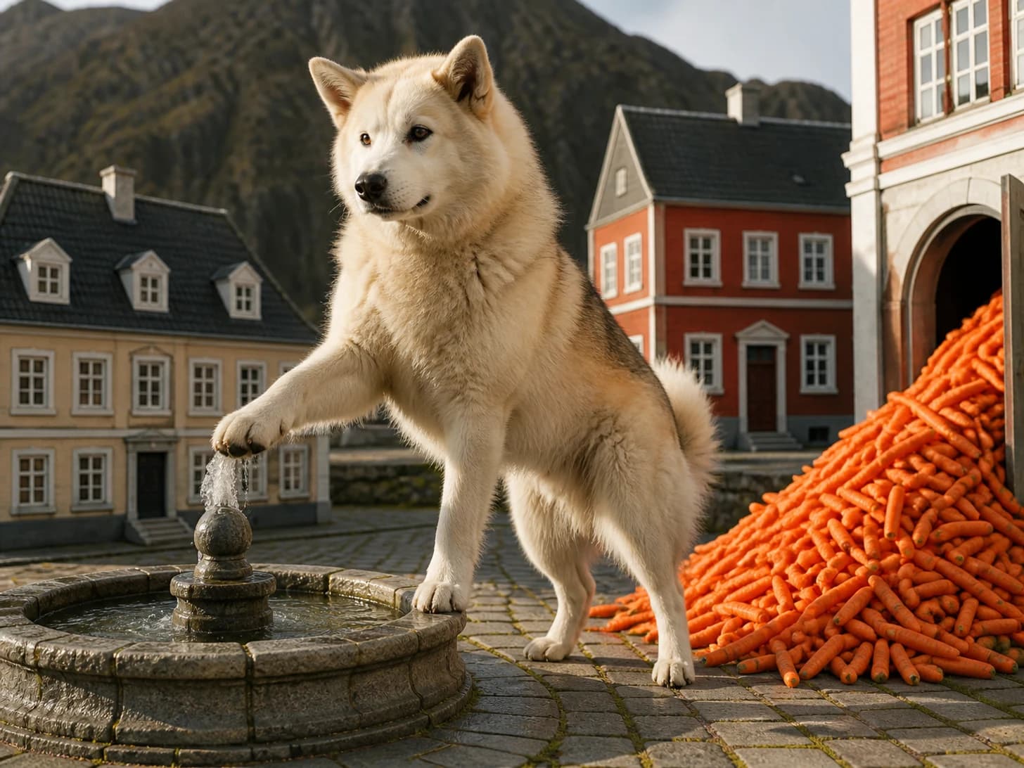 Otter was promoted to mayor opening a very small fountain; unfortunately, a mountain of carrots blocks the doorway.